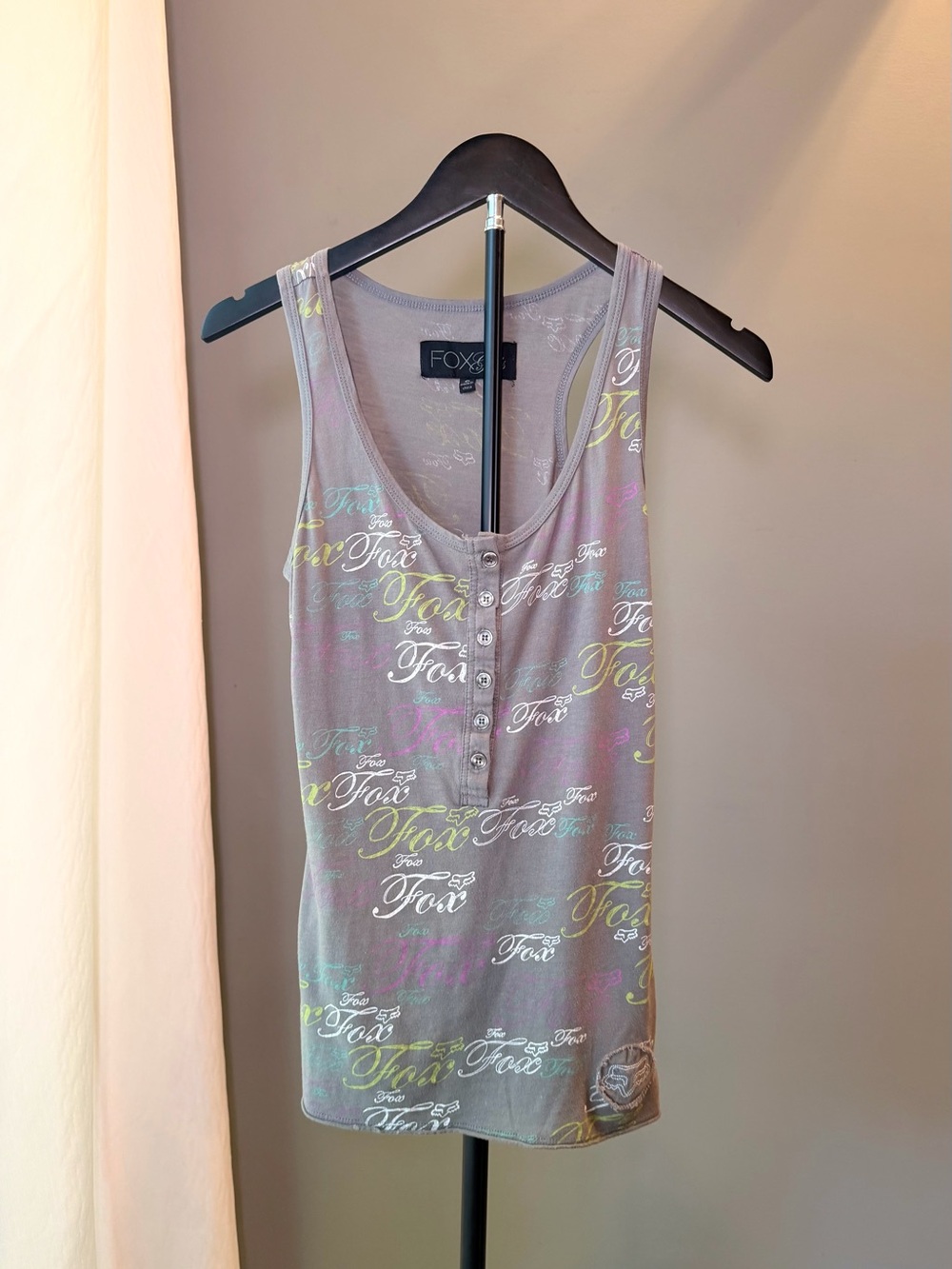Vintage Y2K Women’s Fox Racing Henley Tank Top Cotton Blend Moto Biker Summer